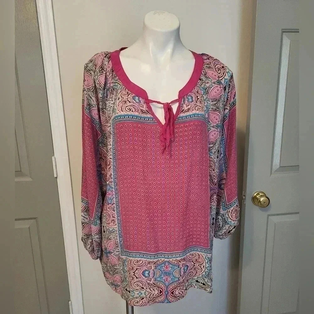 Tolani 100% Silk Vibrant Colorful Paisley Boho Bohemian Blouse(XL)
